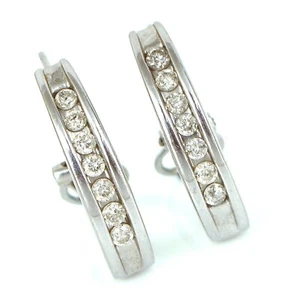 VTG BEAUTIFUL 14K WHITE GOLD DIAMOND CHANNEL SET HOOP EARRINGS OMEGA BACK 4.8G - Picture 1 of 2