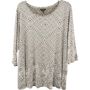 Lucky Brand Cream Mocha Paisley Print Top Womens Size 2X Round Neck 3/4 Sleeve - Picture 1 of 9
