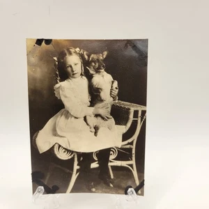 Antigua reimpresión fotográfica de niña victoriana y su perro 3x2 pulgadas - Imagen 1 de 2