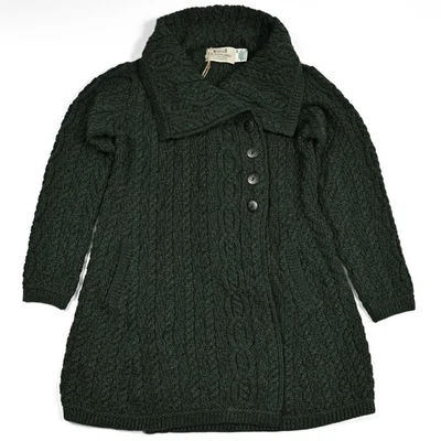 Aran Crafts Women's Medium Green 100% Merino Wool Cable Knit Sweater Cowl Neck - Image 1 of 4