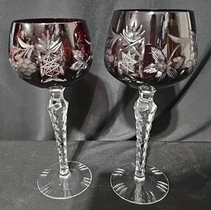 2 Vintage Imperlux Germany Burgundy Cut to Clear Crystal Goblet Dark Red - Picture 1 of 6