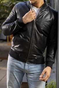 Jild Varsity Style Leather Bomber Jacket Men - Genuine Lambskin Men's Casual - Picture 1 of 5