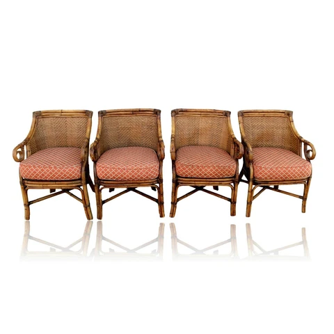 4 Woven Rattan Burnt Bamboo Club Chairs Scrolled Arms McGuire Palecek Link Style Cover