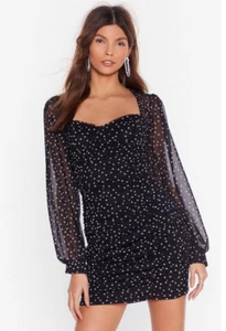 Nasty Gal NWT Black Polka Dot Ruched Mini Dress Size 8 - Picture 1 of 10