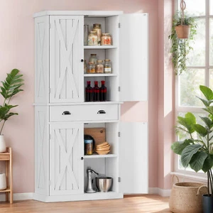 Tall Farmhouse Kitchen Pantry Cabinet Storage w/Drawer, Door & Adjustable Shelve - Picture 1 of 12