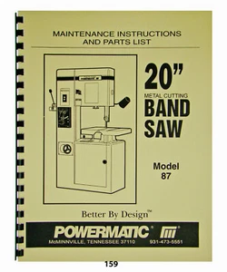 Powermatic 20" Band Saw Maintenance, Instructions, & Parts List Model 87  *159 - Picture 1 of 9