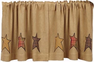 Juego de cortinas de café con estrellas a cuadros Stratton 24"L de algodón natural con arpillera - Imagen 1 de 4