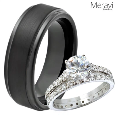 Conjunto de anillo de boda de eternidad de circonita cúbica de plata esterlina 925 con banda de titanio negro [el suyo y ella] Foto 1 de 4