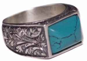 925 Sterling Silber Herren Ring .Stahl Stift Basteln,Türkis Stein - Bild 1 von 6