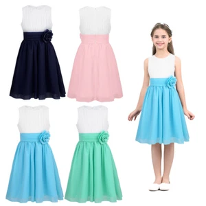 Kids Girls Sleeveless Princess Dress Ruched Flower Chiffon Evening Costumes - Picture 1 of 94