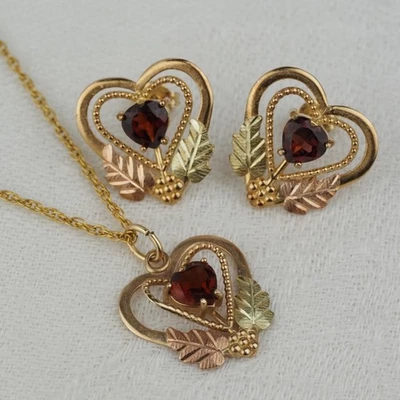 10k Black Hills Yellow Gold Double Heart Garnet Earrings & Necklace Pendant Set - Image 1 of 4