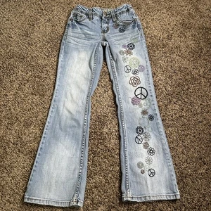 Jeans svasati vintage Y2K bambina taglia 8 fango bambino svasato hippie segno di pace - Foto 1 di 17