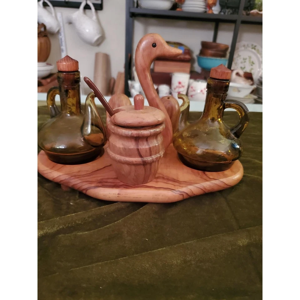Juego de condimentos de pato de madera MCM vintage años 60 vidrio ámbar aceite vinagre sal pimienta Foto 1 de 4