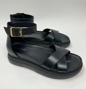 Cole Haan Fraya Black Leather Ankle Strap Open Rounded Toe Chunky Heel Sandal 9 - Picture 1 of 7