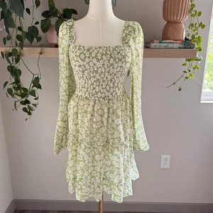 Lulus Green Floral Smocked Tiered Long Sleeve Mini Dress M Coquette Cottage  - Picture 1 of 8