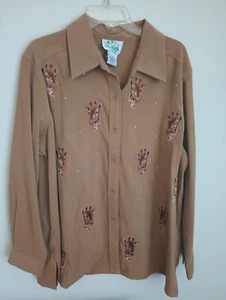 NWT Quacker Factory Faux Suede Jacket Large Safari Embroidered Giraffes Button - Picture 1 of 5