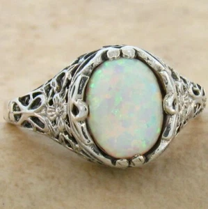 VICTORIAN STYLE 925 STERLING SILVER LAB-CREATED OPAL CLASSIC DESIGN RING    798X - Picture 1 of 3