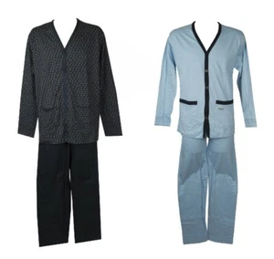 Pyjama für Herren Baumwolljersey Sommer Langarm offen mit Knöpfen V-Ausschnitt R - Bild 1 von 9