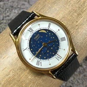 Vintage Timex M CELL Men Blue Star Moon Phase Leather Quartz 34mm Watch 7 1/4" - Picture 1 of 13
