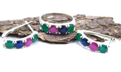7.20 GM 925 Argento Sterling Multicolore Taglio Gemma Mano Orecchino & Anello - Immagine 1 di 4