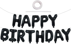 Black Happy Birthday Balloons Banner 16 Inch Mylar Foil Letters Birthday Sign Ba - Picture 1 of 12