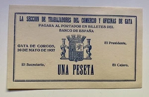 Billete Local / municipal GATA DE GORGOS 1 Peseta 1937 SC. 3*Emision. - Bild 1 von 2