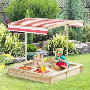 Kids Wooden Sandbox, w/ Adjustable Canopy, Seats, for Backyard, Beach, Natural - Picture 1 of 11