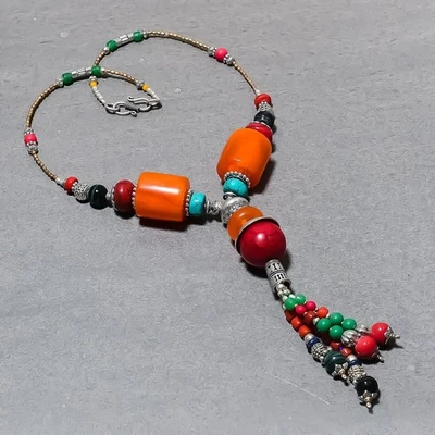 Collana gioielli con perline etniche bohemien ambra turchese onice fatta a... - Immagine 1 di 4