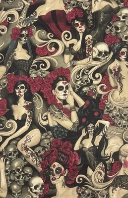 2017 Las Elegantes Skulls Tatoo Alexander Henry Smoke Cotton Fabric B Half Y #20 - Image 1 of 4