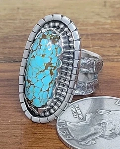 Number 8 Turquoise Sterling Silver Tufa Cast Ring Size 7 14.4g Handmade Signed - Picture 1 of 13