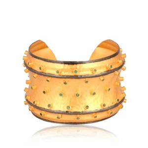 Multi Stone Wide Cuff Bracelet 18k Gold Plated Emerald Bangle Fashion Jewelry - Picture 1 of 5