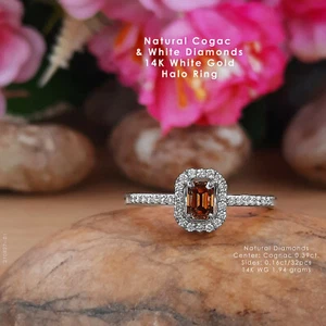 0.55ctw Fancy Cognac & White Diamonds 14K White Gold Halo Ring Affordable Jewels - Picture 1 of 3