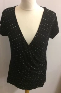 H&M Ladies Black White Polka Dot Spot Faux Wrap Top Size L Stretch - Picture 1 of 9