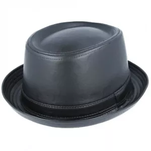 MENS BLACK PORK PIE HAT LEATHER LOOK FAUX SKA RUDE BOY SOUL MADNESS TRILBY - Picture 1 of 5