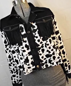 Spirit Womens Cow Print Cowgirl Cropped Jacket Western Fringe Costume Cosplay M - Picture 1 of 8