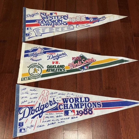 3 Vintage 1988 World Series Dodgers vs Athletics Team Logos & Autograph Pennants Cover