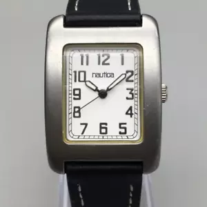 Nautica Tank Watch Men 27mm Silver Tone Black Leather Band New Battery - Picture 1 of 16