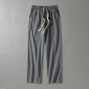 Chinese Straight Leg Pants Men's Summer Solid Color Cotton Linen Casual Trousers - Picture 1 of 16