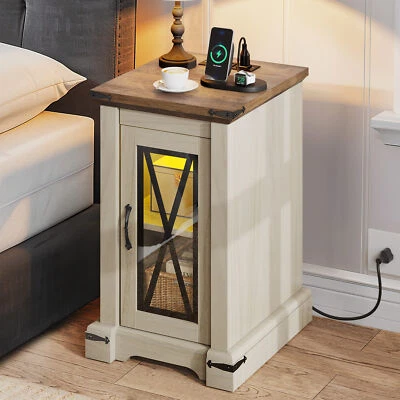 Farmhouse Sofa Side Bedside End Table Nightstand with LED Light Charging Station - Image 1 of 4