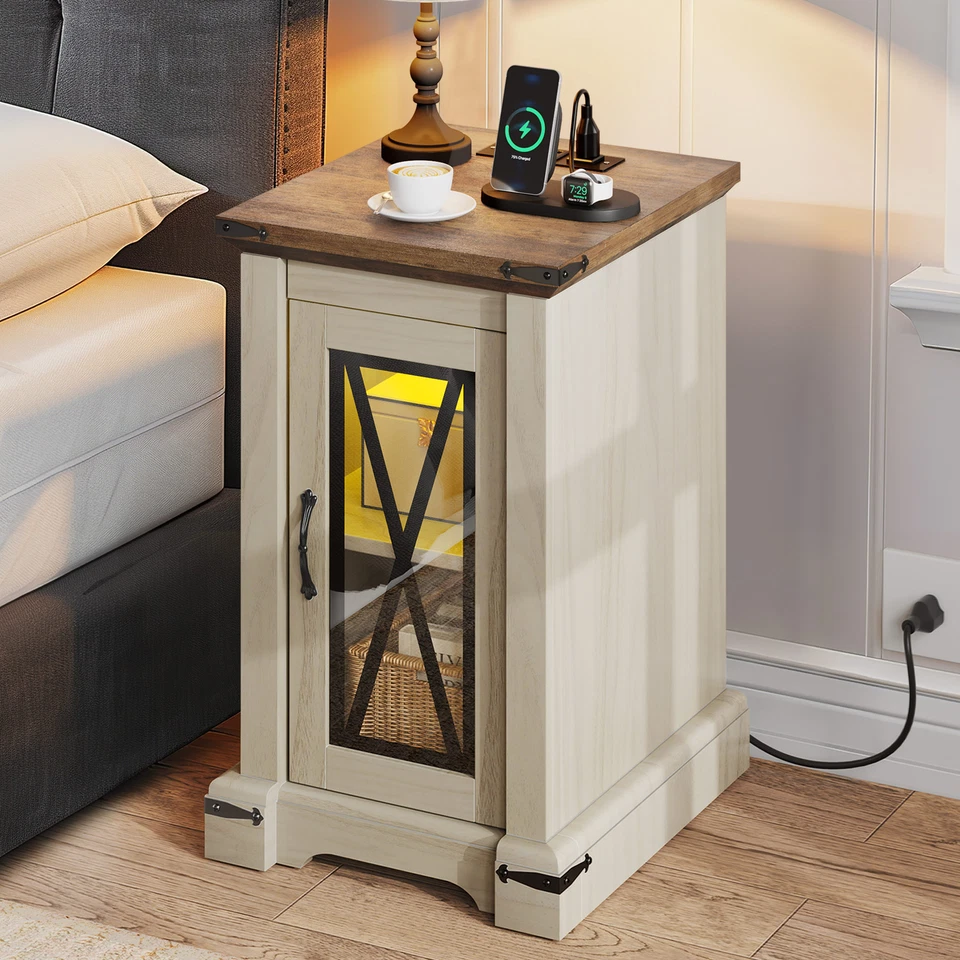 Farmhouse Sofa Side Bedside End Table Nightstand with LED Light Charging Station - Image 1 of 4