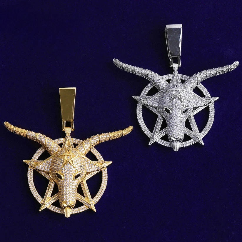 Colar pingente círculo estrela cabra quadril quadril 5AAA+ CZ folheado a ouro real 14k - Imagem 1 de 4