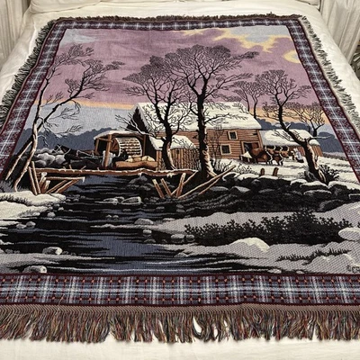 Crown Crafts Throw Blanket Tapestry Winter Cabin Horse 51x60 USA - Image 1 of 4
