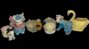 Vintage 40er 50er Keramik Übertöpfe anthropomorph Kuh Hase Küken 6 Stück MCM - Bild 1 von 19