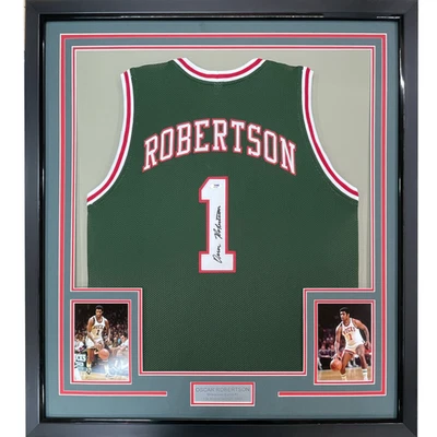 Framed Autographed/Signed Oscar Robertson 33x42 Milwaukee Green Jersey PSA COA - Image 1 of 2