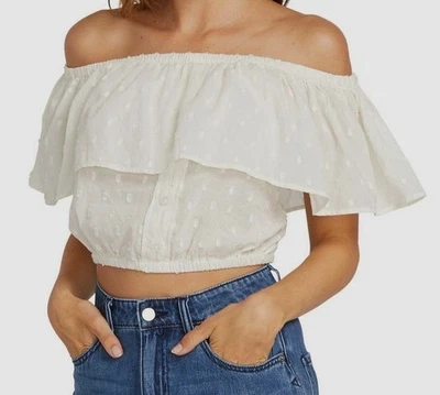 VOLCOM Winding Roads Cami Crop Tank Top Sz L White Polka Dot Off Shoulder Ruffle - Image 1 of 4