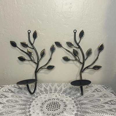 Vintage Iron Gold Leaf Decorative Wall Candle Sconces Pair - Image 1 of 3