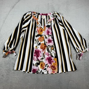 Fig & Flower Anthropologie Floral Boho Peasant Blouse Top Women's M White Stripe - Picture 1 of 8