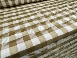 Taffeta Faux Silk Fabric, Per Metre - Gingham Check - Old Gold & Ivory - Picture 1 of 3