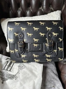 H T Fashion Satchel Black With Gold Horses Handbag BNNT Large Dust Bag - Picture 1 of 10