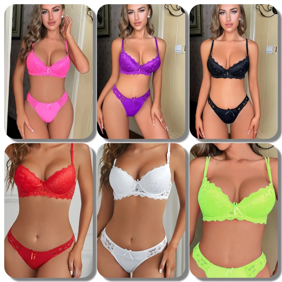 gepolsterte Damen Spitzen BH Set String Tanga Dessous Unterwäsche Cup 75 80 85 C - Bild 1 von 1